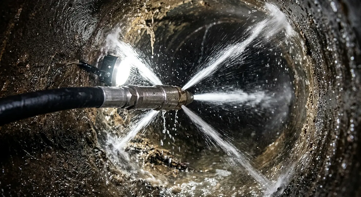High-pressure hydro jetting nozzle cleaning sewer pipe for Trenchless Sewer Repair in Flagler Beach