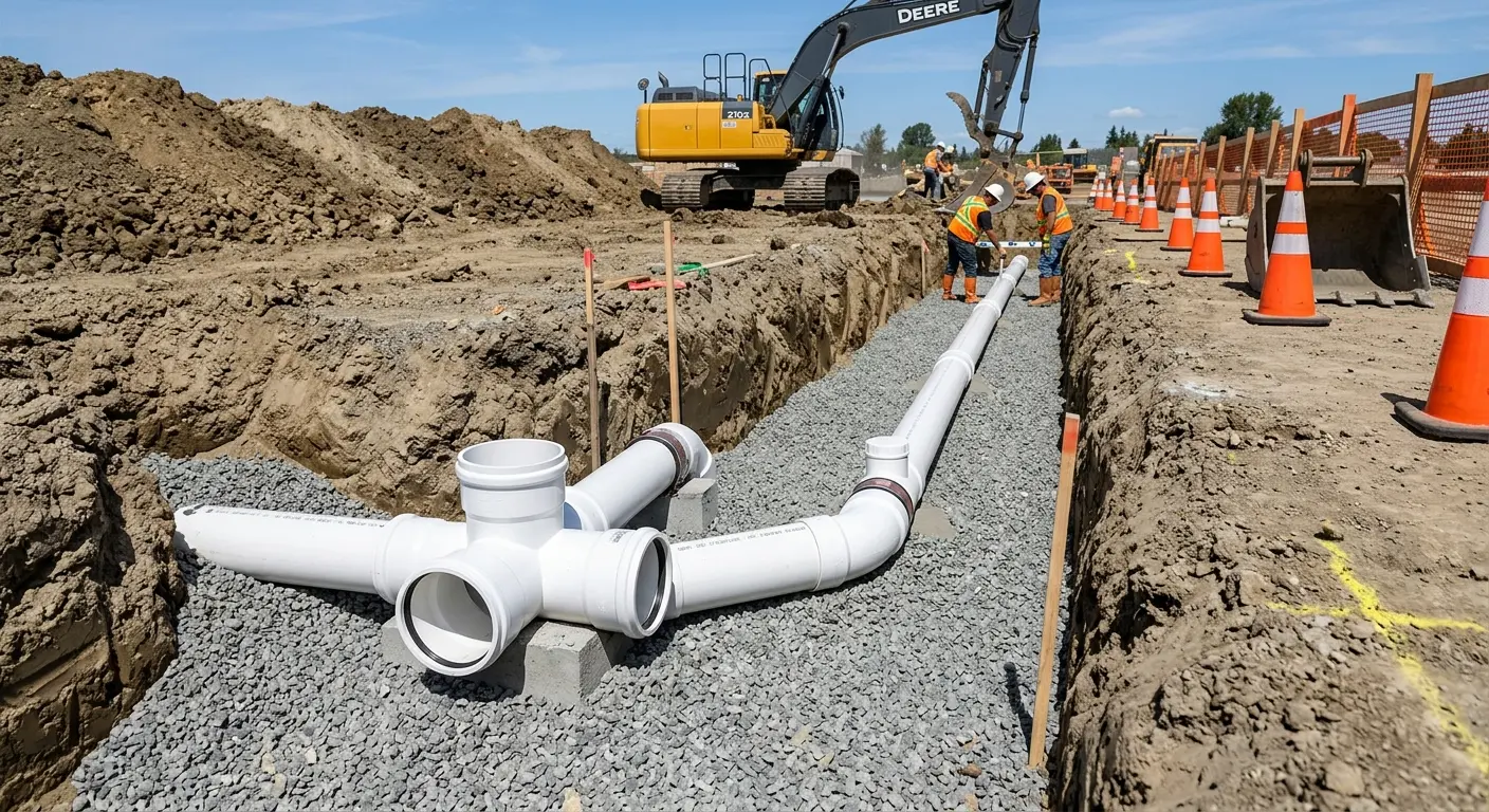 New PVC sewer pipe installation in open trench for Commercial Drain Cleaning in Flagler Beach