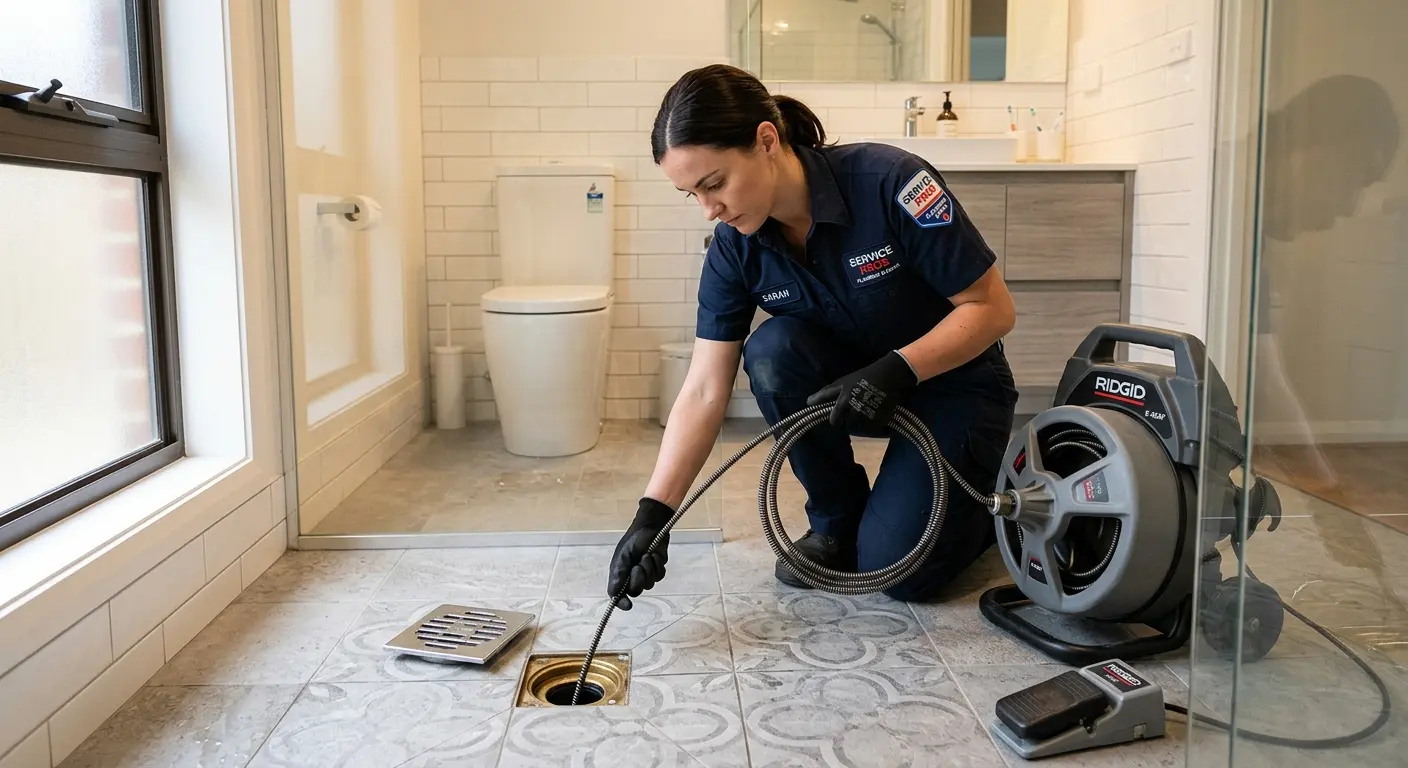 Technician clearing a bathroom floor drain for Sewer Line Replacement in Flagler Beach